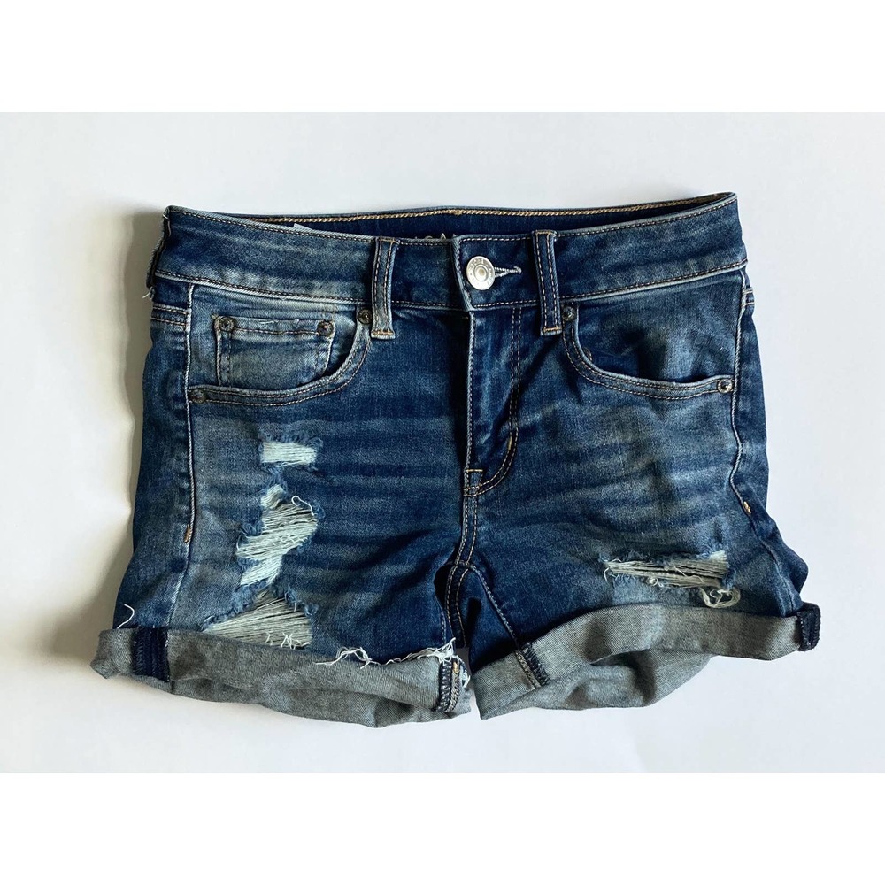 American Eagle Rolled Midi Denim Shorts Blue Medium Wash Size 2